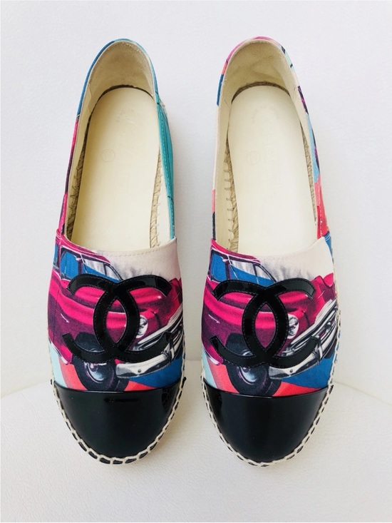 CHANEL Shoes - CHANEL MULTICOLOR CANVAS PINK BLACK PATENT LEATHER CAPTOE ESPADRILLE FLATS SZ 37